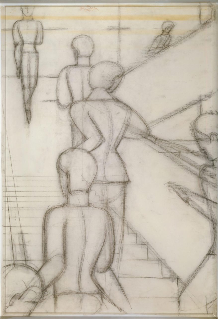 施莱默为《包豪斯楼梯》所作的素描草图与人体排布