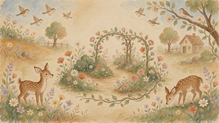 华德福风格原创插画封面：水彩田园、花拱门与鹿