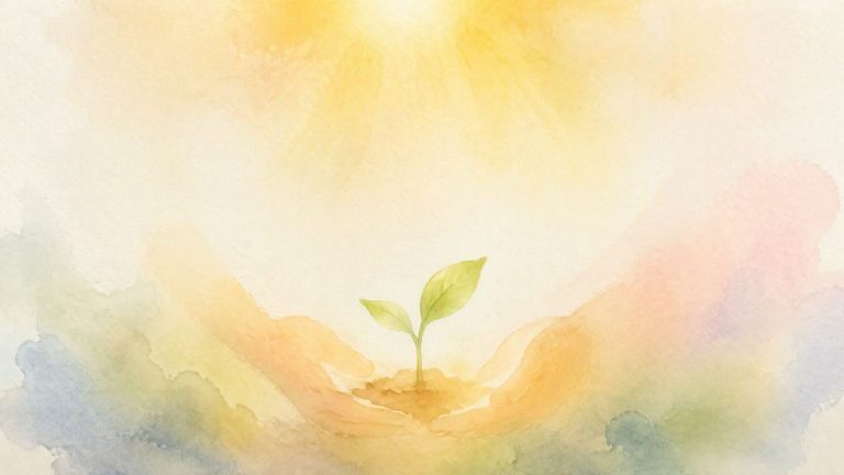 暖光中双手托扶嫩芽的华德福风格水彩封面