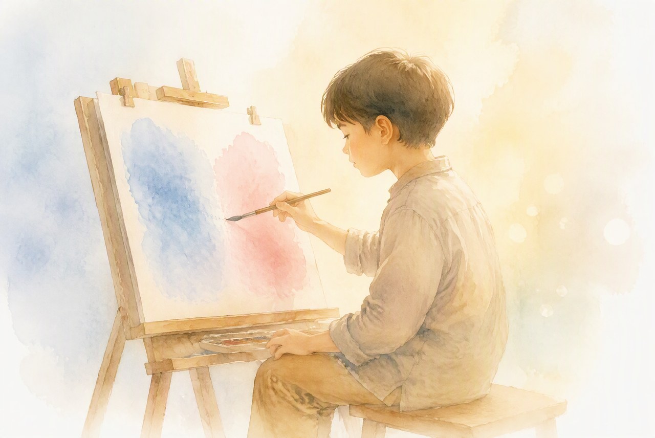 孩子画纸上蓝色与粉色水彩温柔分界,华德福治愈水彩插画