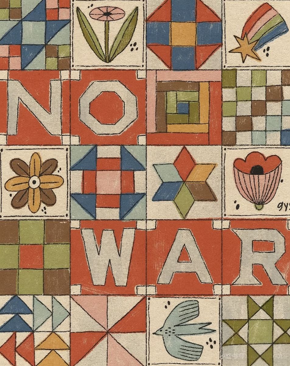 标语与拼布框架结合的 NO WAR 作品