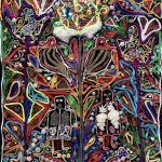 黑底珠绣作品，上部白色杯状花饰与亮片，下部两个珠片填充的人形